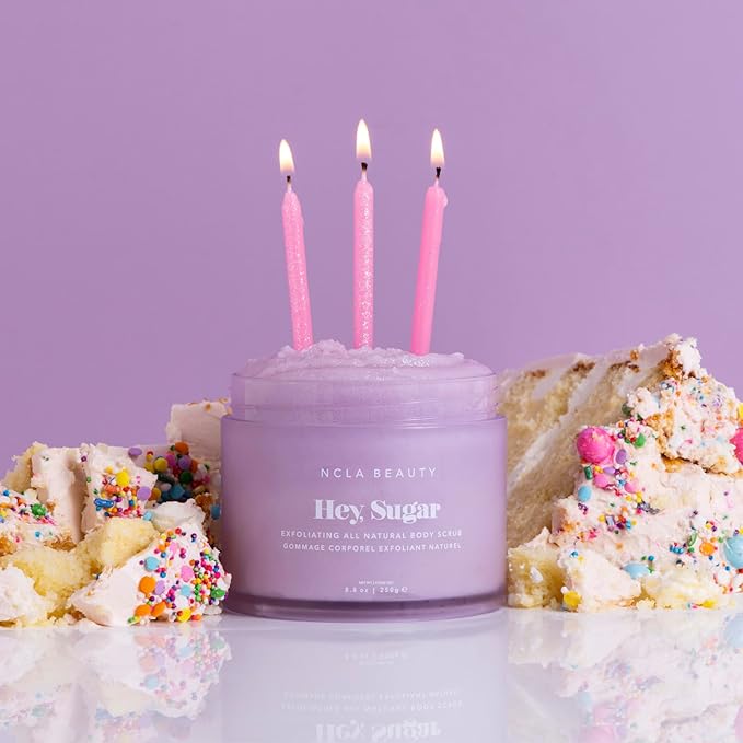 NCLA Beauty Hey Sugar All Natural Body Scrub - Moisturizing, Exfoliating Sugar Scrub - Shea, Cocoa, and Mango Butters - Birthday Cake - 8.8 oz