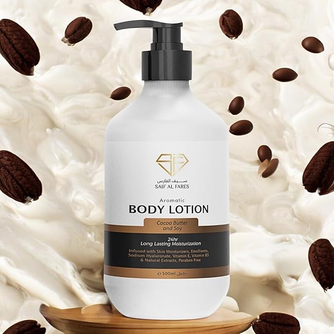 SAIF AL FARES Cocoa Butter and Soy Body Lotion Alcohol Free & Paraben Free with Cocoa Butter and Soy Scent made with Emollients, Sodium Hyaluronate, Vitamin E, Vitamin B5 & Natural Extracts 16.9 Fl Oz