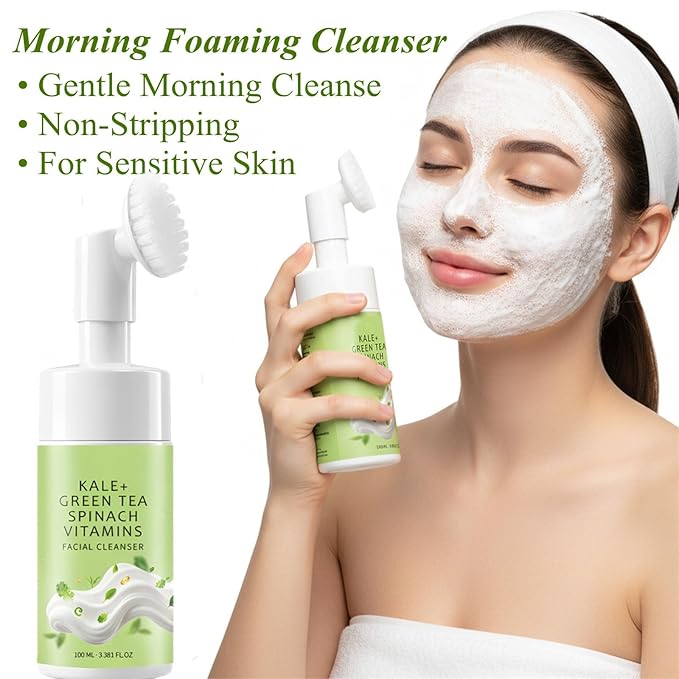 Gentle Foaming Facial Cleanser with Green Tea, Kale & Spinach, Hydrating Gel-to-Foam Face Wash for Dry & Sensitive Skin, Non-Stripping Daily Cleanser with Soft Brush, Morning Clean 3.38 Fl Oz