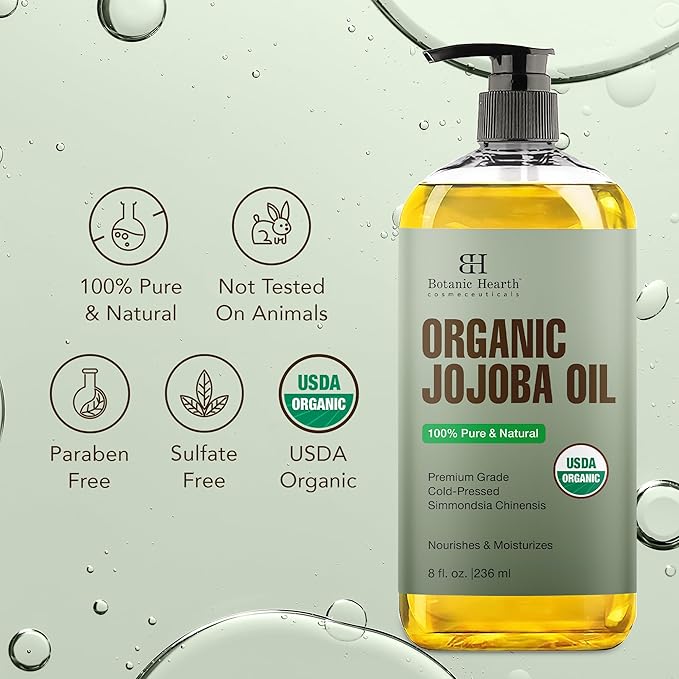 Botanic Hearth USDA Organic Jojoba Oil 8 Fl Oz |100% Pure and Natural- Cold Pressed & Hexane Free Natural Hair Growth Oil for Eyelashes, Eyebrows, Skin, Body, Face, Nails & Scalp