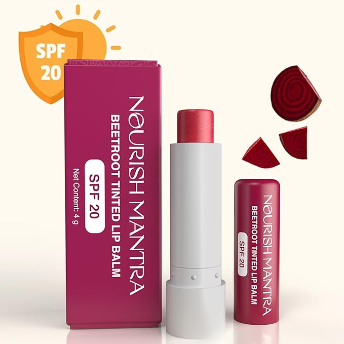 NOURISH MANTRA Beetroot Tinted Lip Balm with SPF 20 | Lip Balm for Chapped & Dry Lips | Enriched with Almond Oil, Shea Butter & Beetroot | Suits All Skin Types | For Men & Women | 4gm