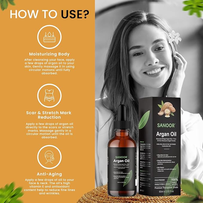 SANOOR Moroccan Argan Oil 60ml – 100% Pure & Natural, Cold-Pressed Oil for Hair Growth, Frizz Control, Skin Moisturizer, Face Glow, Beard & Nail Care – Vegan Beauty Oil for Men & Women