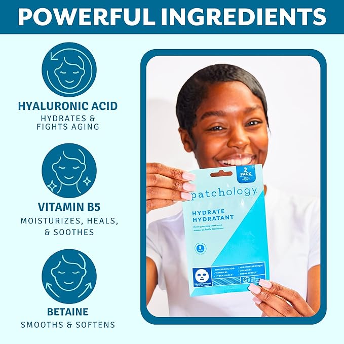 Patchology Hydrate FlashMasque Facial Sheet Mask with Hyaluronic Acid – Face Mask Skincare Sheet for Men & Women to Moisturize & Hydrate Skin in 5 Minutes – Facial Sheet Moisturizer (2 Count)