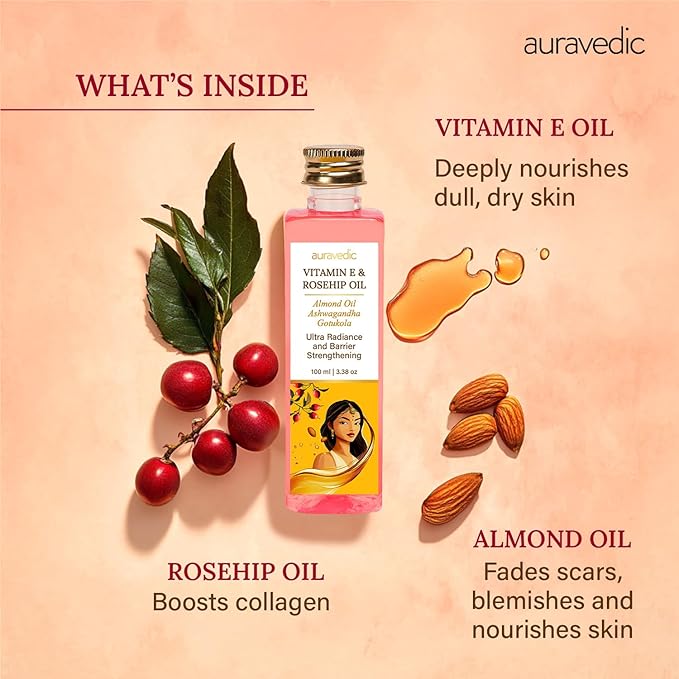 Auravedic Face & Body Oil for Dry, Dull Skin | Deep Hydration with Rosehip, Vitamin E & Almond Oil | Lightweight Daily Moisturizer for Natural Glow | 3.38 Fl Oz (100ml)