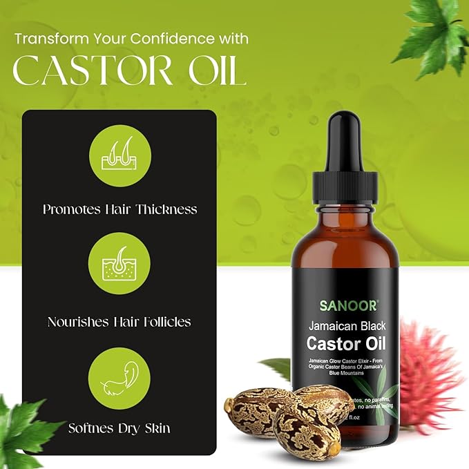 SANOOR Jamaican Glow Castor Elixir Oil | 100% Pure and Natural - Premium Grade Leave In Oil for Hair Growth, Eyelashes and Eyebrows| Infused with Nutrients Pure Hair Butter | Cold-pressed | 60ml