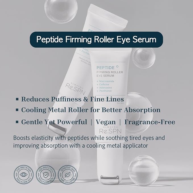 Re.SPN Peptide Firming Roller Eye Serum – For the Appearance of Tired Eyes - Hydrating Eye Care, Cooling Gua Sha Metal Applicator with Niacinamide, Vegan K-Beauty (0.67 fl oz)
