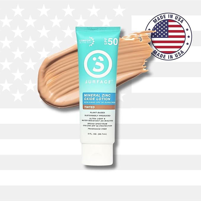 Surface Mineral Sunscreen Lotion SPF 50, Lightweight Non-Nano Zinc Oxide Formula, Reef Friendly, Broad Spectrum UVA UVB Protection, Water Resistant Sun Care for 80 Minutes Outdoor Use, Tinted, 3oz