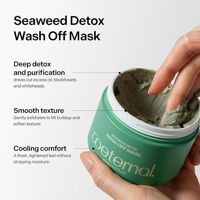 Seaweed Detox Wash Off Mask, Cooling Korean Clay Mask with Bentonite, Kaolin, Glycerin & Seaweed Extracts for Pore Minimizing, Deep Cleansing, Non-Drying Mud Mask, 200ml / 6.76 fl.oz.