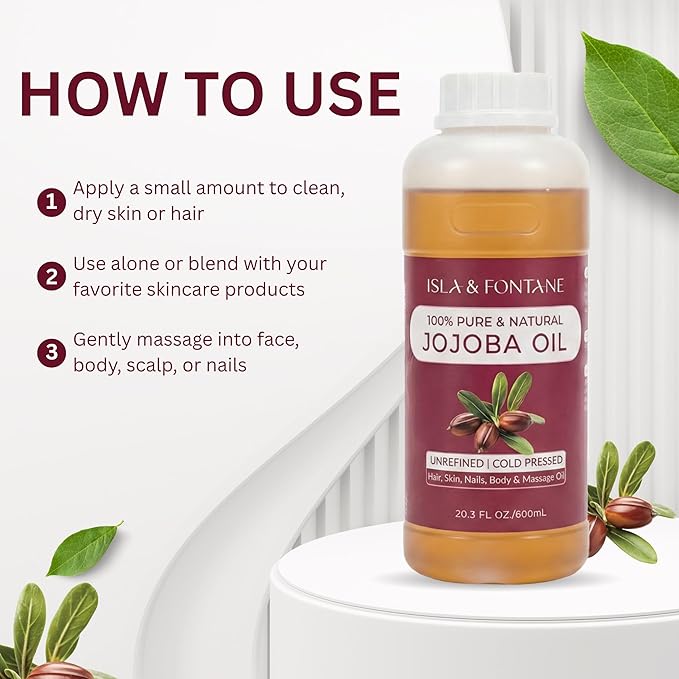 ISLA & FONTANE Jojoba Oil – 600ml (20 fl oz) | 100% Pure & Natural | Golden, Unrefined, Cold Pressed | Hexane-Free Carrier Oil for Skin, Hair, Face, Nails & Body Moisturizing