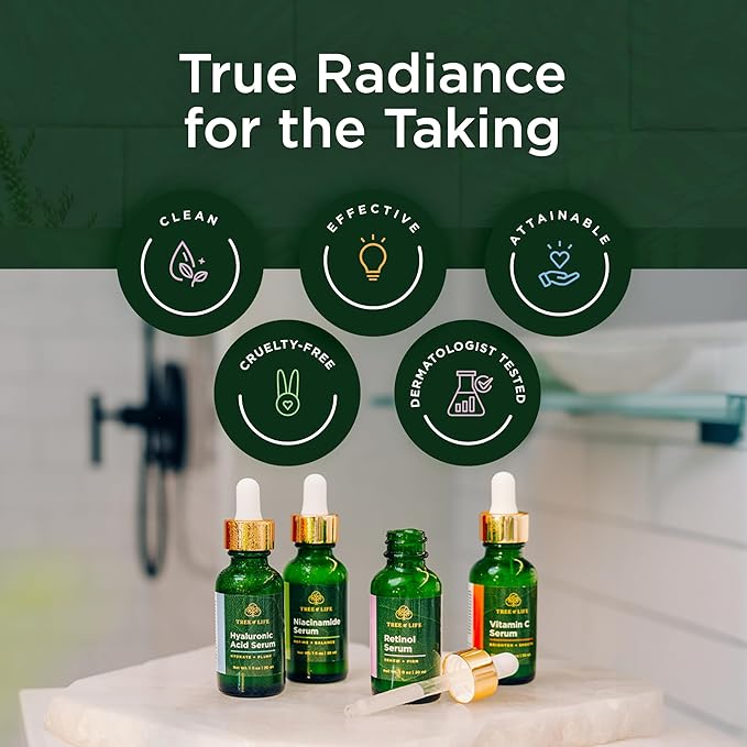 Tree of Life Beauty Facial Skin Care Set, Brightening, Firming & Hydrating Face Serums for Sensitive Skin - Niacinamide, Vitamin C, Retinol & Hyaluronic Acid, Dermatologist Tested, 1 Fl Oz (Pack of 4)