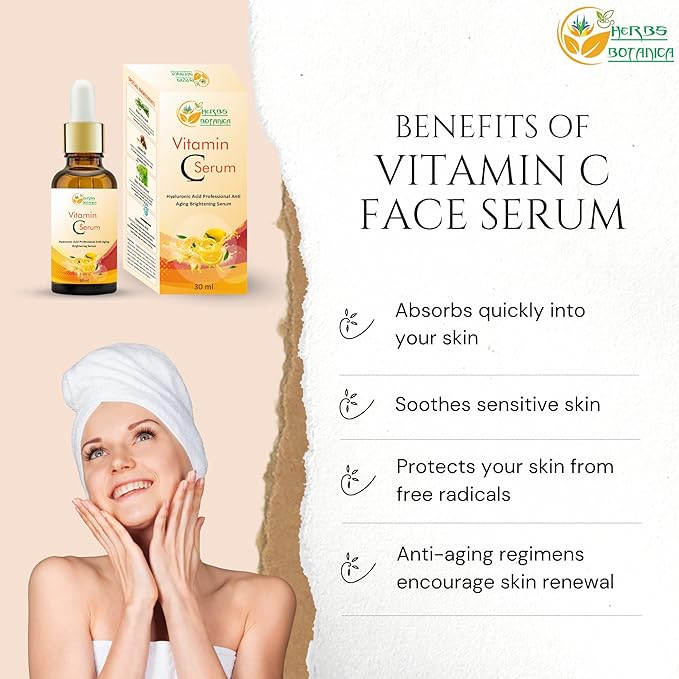Herbs Botanica Vitamin C Serum For Face with Hyaluronic For Anti Aging Hydrating & Serum for Dark Spots, Fine Lines, Includes Vitamin E, Organic Aloe Vera and Jojoba Oil 1 fl oz