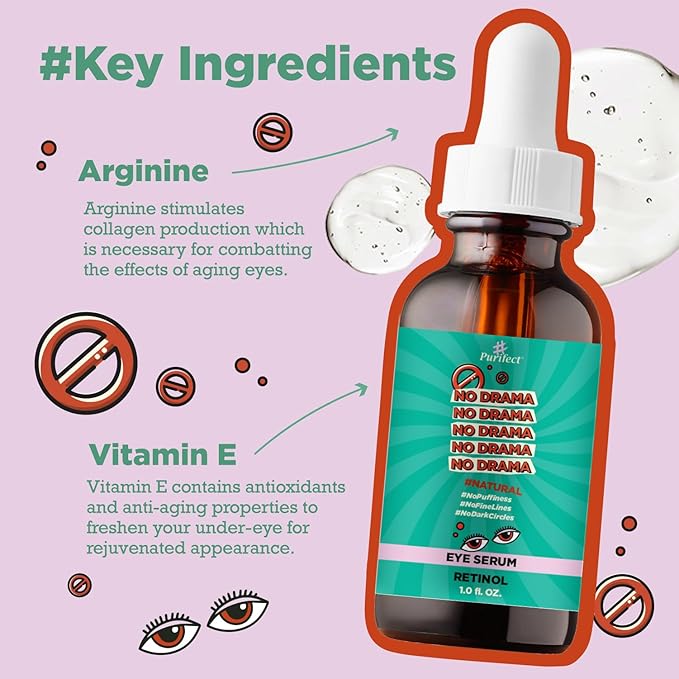 Purifect No Drama Retinol Eye Serum for Women & Men - Under Eye Serum Treatment with Vitamin E, Anti Aging Support, Helps Dark Circles, Fine Lines & Wrinkles, Vegan Skincare, Cruelty Free - 1 fl oz