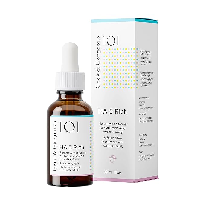 Geek & Gorgeous - HA 5 Rich - Serum with 5 forms of Hyaluronic acid, silky & rich - hydrates, softens & plumps the skin - all skin types especially normal & dry skin, 1 oz