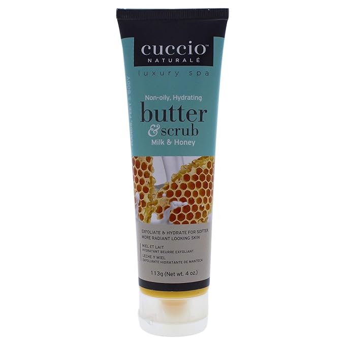 Cuccio Naturale Butter Scrub - Exfoliates And Hydrates - For Softer, Radiant Looking Skin - Infuses Moisture Into Dry Skin - Non-Oily 24 Hour Hydration - Creamy - Milk And Honey - 4 Oz