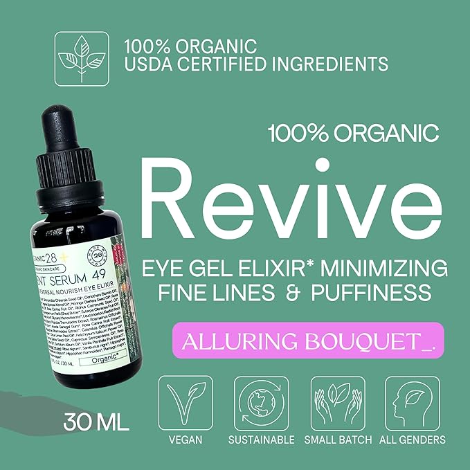Organic28+.100% Organic Eye Serum – USA Made. 49 Botanicals. Nourish, Rejuvenate & Repair. All Natural Anti Aging Eye Lift Super Hydrating Eye Cream. Herbs Moisturizer. Rose Aromatherapy +. 1.1 FL.Oz.