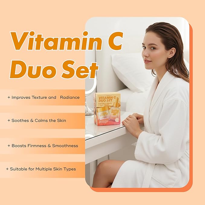 Vitamin C Serum & Cream Duo Set – Dermatologist Tested, Anti Aging Korean Skin Care – Hydrates, Smooths Fine Lines, Supports Collagen Production - Vegan, Clean Beauty