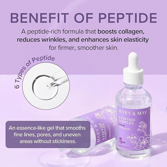 Mary&May 6 Peptide Complex Serum (Copper Peptide + Matrixyl + Adenosine) – Water-Light Anti-Aging Face Serum for Fine Lines & Firmness, Fast-Absorbing Non-Sticky, EWG Verified – 1.01 fl oz