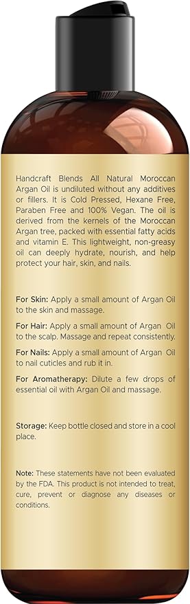 Handcraft Blends Moroccan Argan Oil - 8 Fl Oz - 100% Pure and Natural - Premium Grade Carrier Oil for Skin and Hair - Hair and Body - Massage - Cold-Pressed
