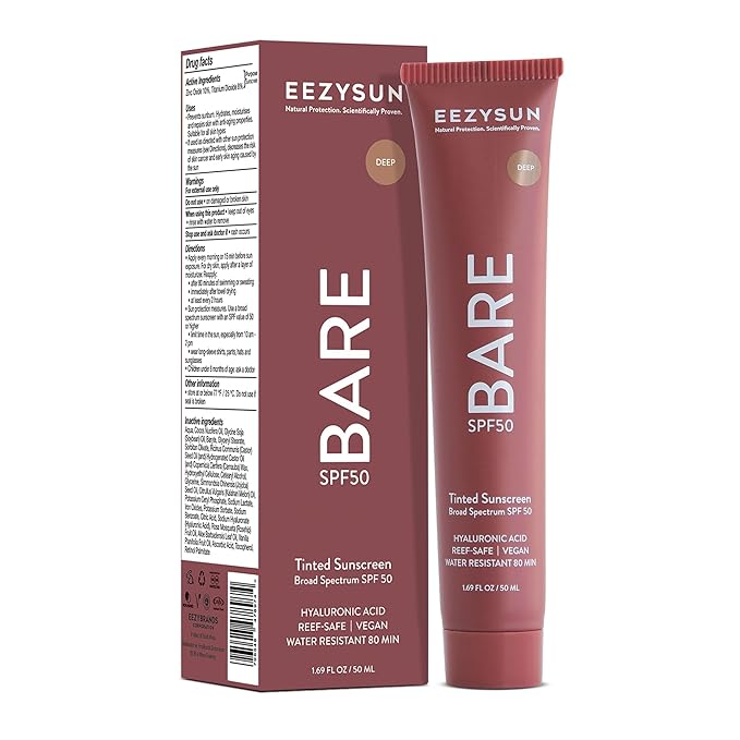 EEZYSUN BARE Tinted Sunscreen for Face SPF 50 - Non-Greasy, Weightless, Water-Resistant, Vegan & Reef-Safe Tinted Moisturizer with SPF, Hyaluronic Acid, Jojoba Oil - All Skin Types, 1.69 fl oz - Deep