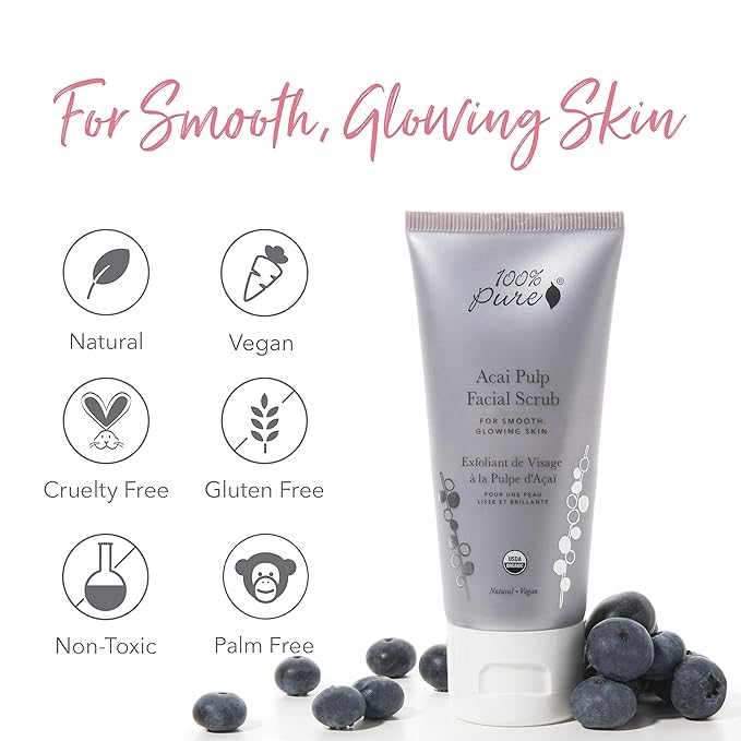 100% PURE Acai Pulp Facial Scrub, Exfoliating, Organic Face Wash (2 Fl Oz)