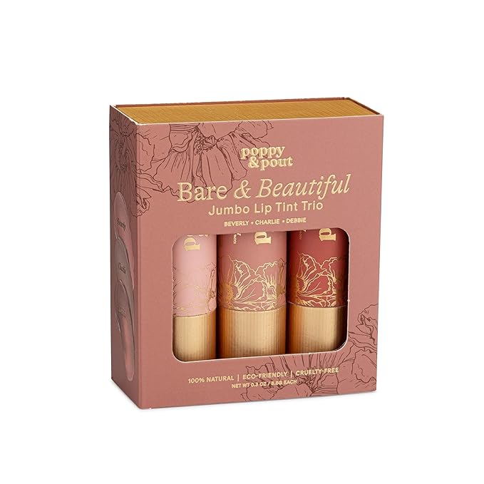 Poppy & Pout All Natural Lip Tints, Sustainable Cardboard Tubes, Hand-filled, Beeswax, Vitamin E, Coconut Oil, Cruelty Free (Bare & Beautiful Trio)