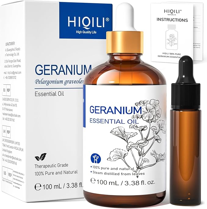 HIQILI 100ML Geranium Essential Oil for Skin, Diffuser & Candle, 100% Pure and Natural - 3.38 Fl Oz