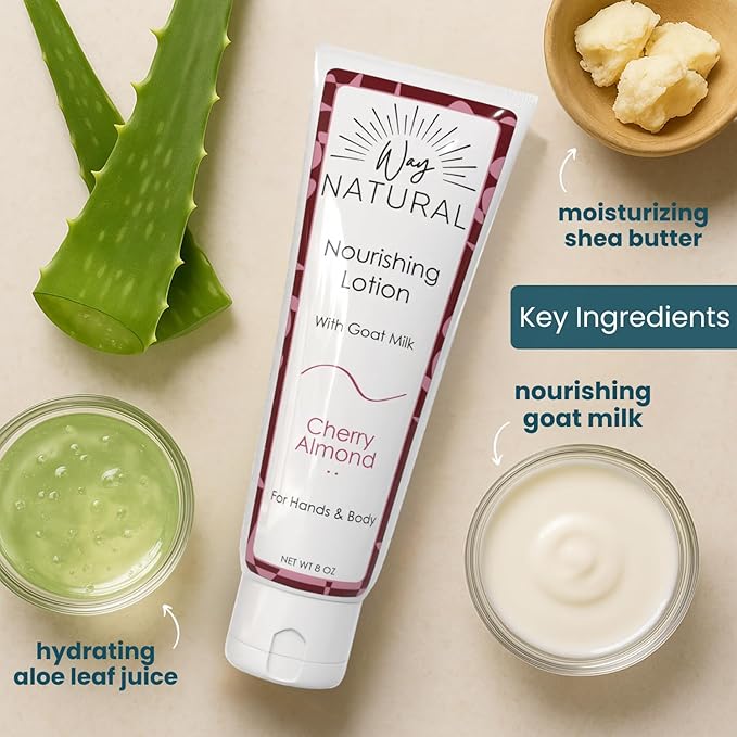 Nourishing Goat Milk Lotion, Cherry Almond (8oz) - Natural Hand & Body Cherry Almond Lotion for Dry Skin Relief, USA Made - Goat Milk Hand Cream for Women & Men - w/Shea Butter & Aloe