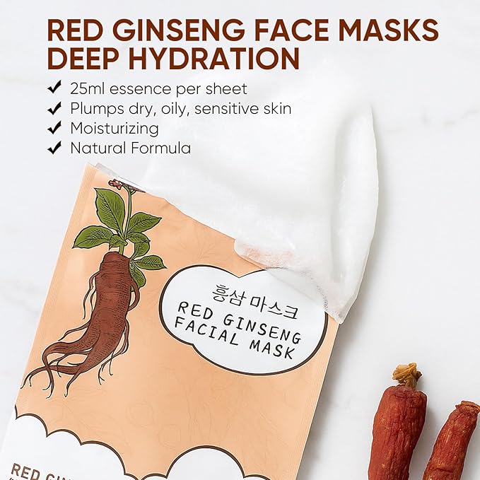 Hydrating Facial Masks Skincare for Women,Red Ginseng Face Mask Sheet Skincare, Moisturizing Face Mask for All Skin Types (10-Packs)
