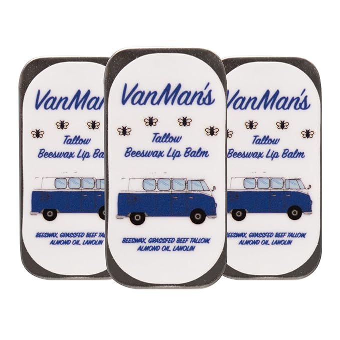 VanMan Beeswax Lip Balm Tine – Organic Tallow Balm with Grass-Fed and Finished Suet Beef Tallow, Sweet Almond Oil, and Lanolin – Hydrating Lip Moisturizer – Unscented – 3 Tin Pack