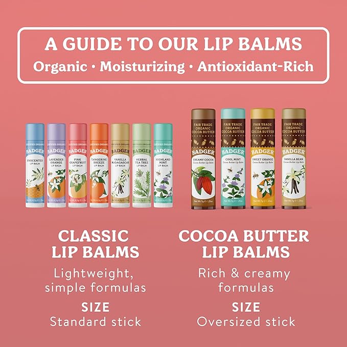 Badger Pink Grapefruit Classic Lip Balm, 100% Organic Lip Balm, Long Lasting Lip Care w/Light Silky Texture, Refreshing & Uplifting, 4 Pack
