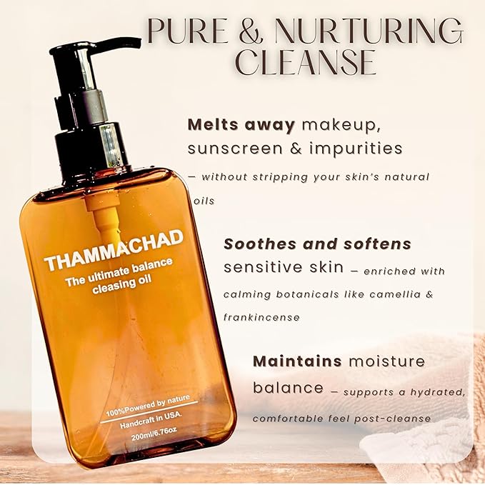 Thammachad Oil Cleanser Makeup Remover for Sensitive Skin Nourishing Cleansing Oil with Moringa & Camellia – 100% Natural First-Step Face Cleanser, 200ml Handcrafted in Small Batch in the USA