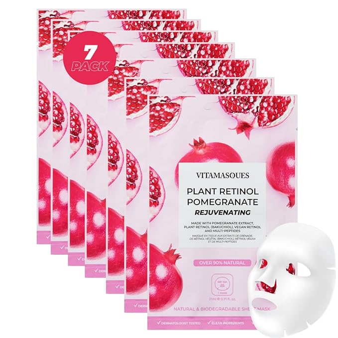 Vitamasques Retinol Pomegranate Face Sheet Mask 7 Pack - Korean Skin Care Facial Mask Rejuvenate & Hydrating Skin Care - Natural & Biodegradable