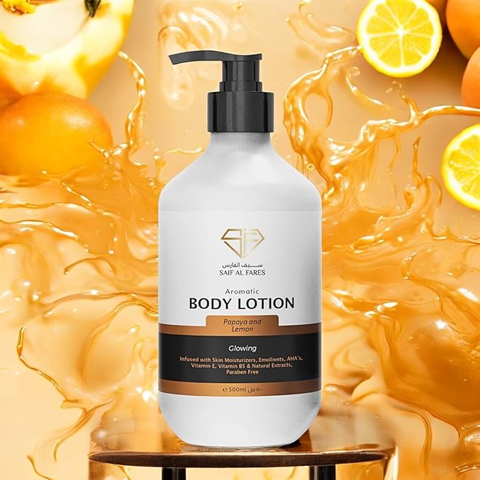 SAIF AL FARES Papaya and Lemon Body Lotion Alcohol Free & Paraben Free with Papaya and Lemon Scent made with Emollients, Vitamin E, Vitamin B5 & Natural Extracts 16.9 Fl Oz