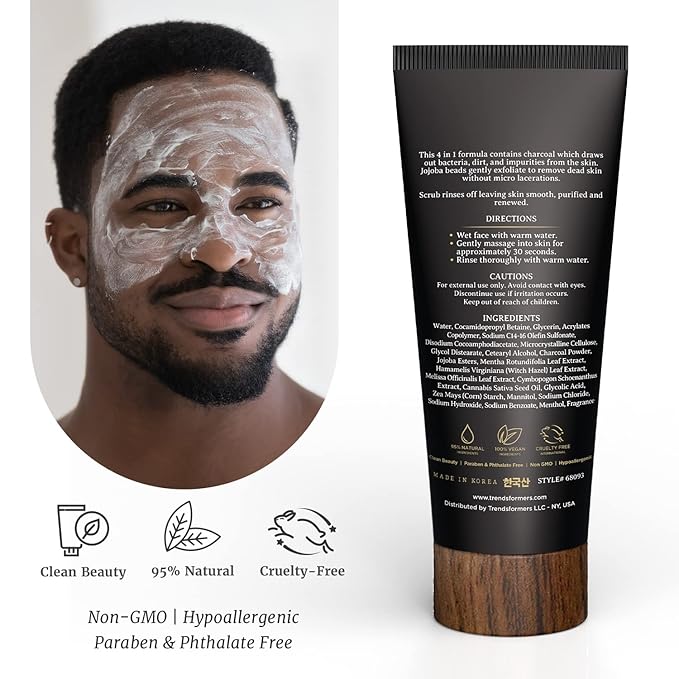 Element Charcoal & Jojoba Beads Men's Exfoliating Face Scrub - Dermatologist Tested, Removes Dead Skin Cells, Deep Cleansing Scrub - Clean Beauty, Cruelty-Free Korean Skincare - All Skin Types - 5 oz