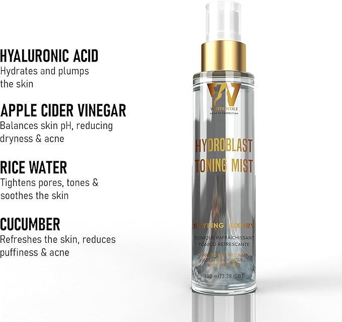 White Wolf Hydroblast Toning Mist with Hyaluronic Acid, Rice Water & Cucumber hydrates, refreshes Skin, and Reduces fine Lines for a Glowing, Youthful Look—Suitable for Men.