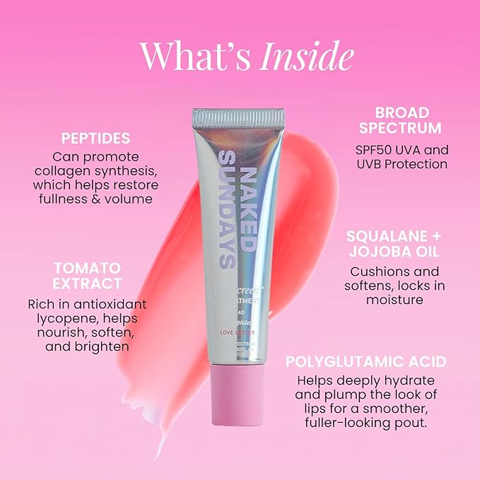 Naked Sundays Poutscreen SPF 50 Lip Treatment – Hydrating Lip Balm with Broad Spectrum, Glossy Non-Sticky Finish, Nourishing Lip Care with Peptides for Protected Lips - 15ml (Love Letter)