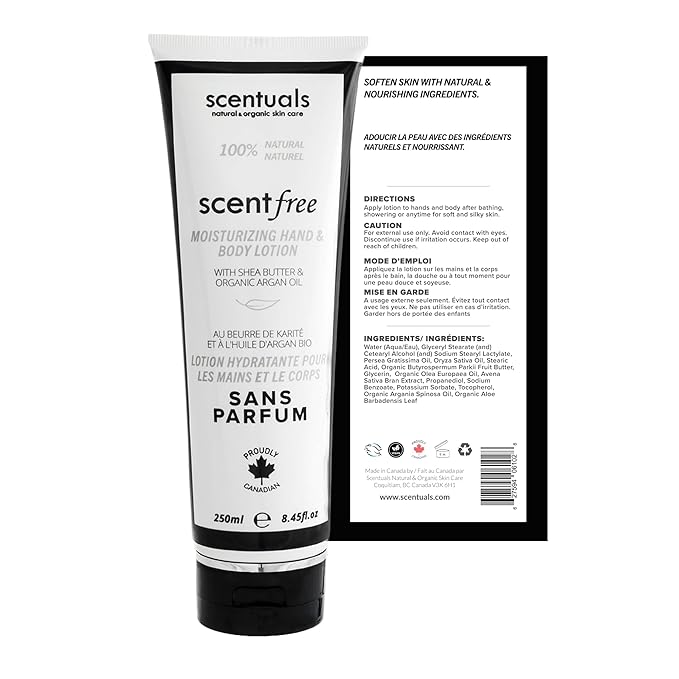 Hand & Body Cream Scent Free, Made With Organic Argan Oil and Shea Butter, for Dry Sensitive Skin, Cruelty Free, Natural Skin Care Products, Made in Canada, 250 ml | 8.45 fl oz