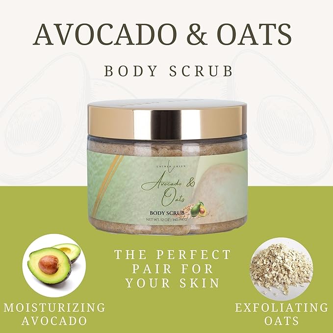 Exfoliating Sugar Body Scrub, Nourishing and Brightening Skincare Formula for Smooth, Radiant Skin, Hydrates & Revitalizes All Skin Type, 12 oz (12 OZ, Avocado & Oats)