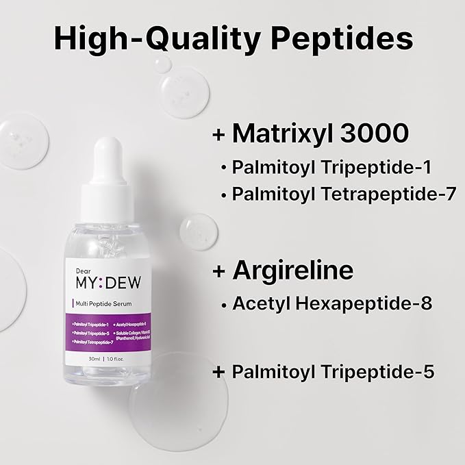 DearMYDEW Multi Peptide Complex Serum, Matrixyl 3000, Argireline, Vegan Collagen, Niacinamide, Hyaluronic Acid for Anti-Aging, Anti-Wrinkles, Collagen Boost for Elasticity, Korean Skincare, 1Fl Oz