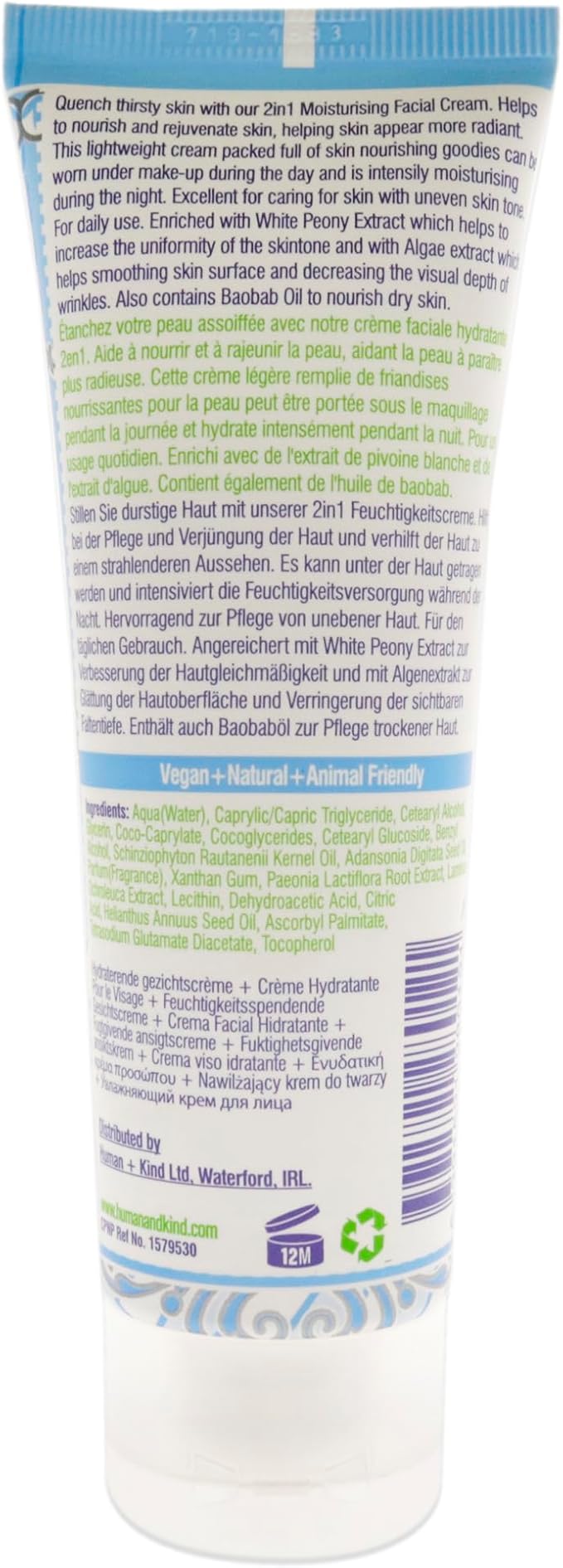 Human+Kind Moisturizing Facial Cream - Nourishing, Smoothing, Lightweight Daily Face Cream to Hydrate - White Peony Extract to Reduce Redness - Vegan, Soothing on Sensitive Skin - 2.5 oz