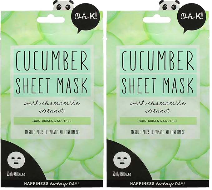 Oh K! Sheet Mask - Cucumber - Moisturizing Face Mask - Hydrating Face Sheets - Rich in Cucumber, Chamomile Extract - Korean Skincare - 1 Pc (Pack of 2)