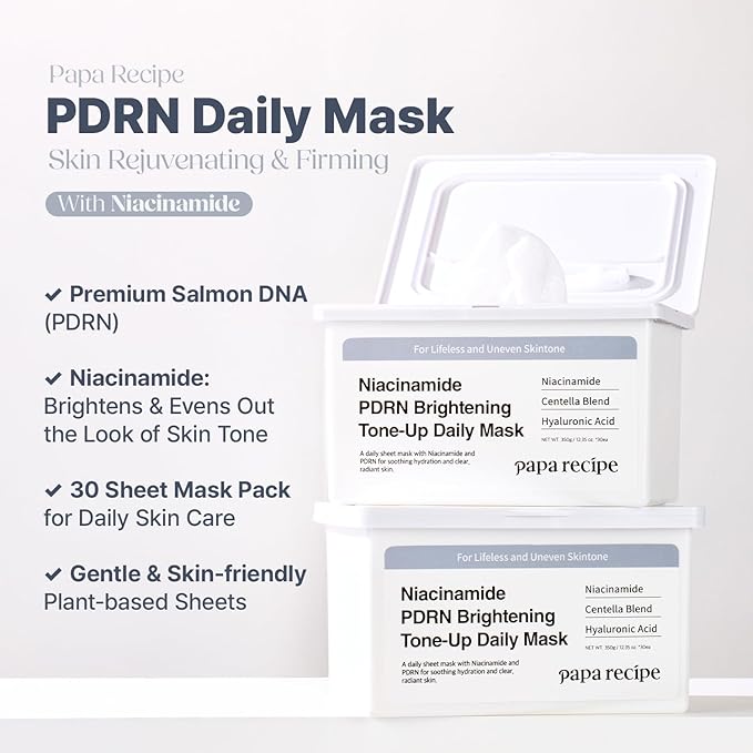 Papa Recipe Niacinamide PDRN Brightening Tone-Up Daily Mask (30 Sheets) - Korean Skin Revitalizing Facial Masks, Anti-aging - Soothing, Calming & Hydrating Face Skin, Sensitive Skin-friendly