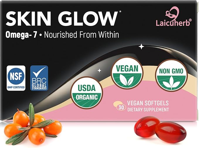 Laicuherb Skin Glow Sea Buckthorn Oil Capsules Support Face, Hair & Nails with Omega 3 6 9 & 7, Co2 Extracted, Himalayan Sea Buckthorn Berry Omega 3 Supplement Support Skin Hydration & Elasticity