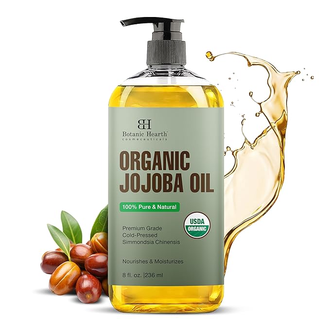 Botanic Hearth USDA Organic Jojoba Oil 8 Fl Oz |100% Pure and Natural- Cold Pressed & Hexane Free Natural Hair Growth Oil for Eyelashes, Eyebrows, Skin, Body, Face, Nails & Scalp