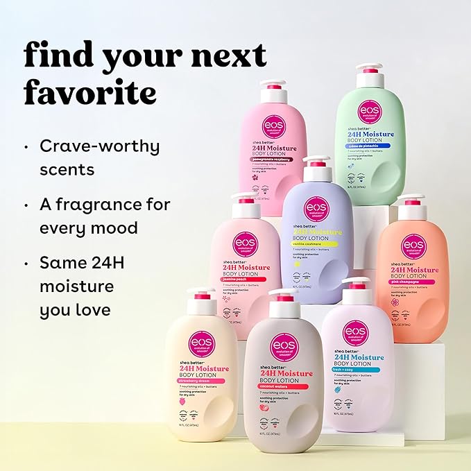 eos Shea Better Body Lotion Pink Champagne, 24-Hour Moisture Skin Care, Lightweight & Non-Greasy, Natural Shea, Vegan, 16 fl oz