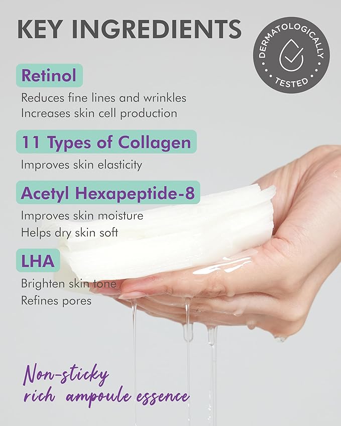 DERMAL Seoul Face Retinol + LHA Daily Quick Sheet Mask, 36 Count Pull-Out Dispenser Box with Tweezers, Pore & Wrinkle Care, Collagen + Peptides, Vegan Tencel