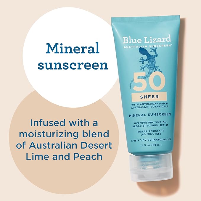 Blue Lizard Sheer Mineral SPF 50 Sunscreen Lotion, Zinc Oxide, 100% Mineral Formula, Nourishes with Australian Desert Lime and Peach, Paraben-Free, Fragrance-Free, 3 fl oz