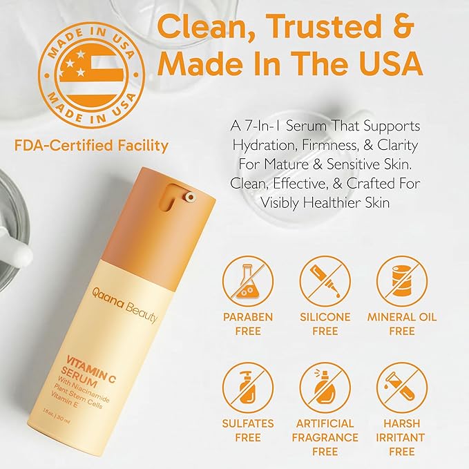 Qaana Super Vitamin C Face Serum for Mature Skin: 7-in-One Hydrating Anti-Aging Formula with Vitamin C, Hyaluronic Acid, Caffeine-Firming, Lifting, Targets Wrinkles, Dark Spots 1 fl oz