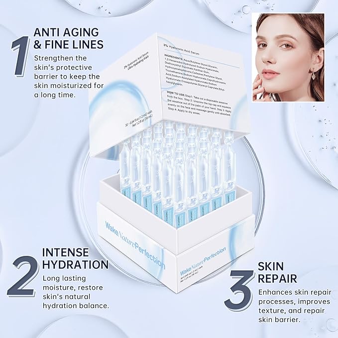 3% Hyaluronic Acid Serum Ultra-Hydrating Vials, 30pcs Hyaluronic Acid Tubes, Wake Nature Perfection, Hyaluronic Serum for Face, Ultra Hydrating Essence with Collagen & Hyaluronic