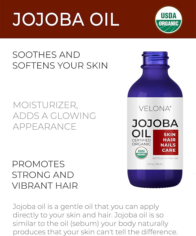 velona Jojoba Oil USDA Certified Organic - 2 fl oz (With Dropper) | 100% Pure and Natural | Golden, Unrefined, Cold Pressed, Hexane Free | Moisturizing Face, Hair, Body, Skin Care